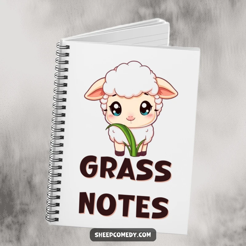 Funny notebook cover with a sheep's wide, innocent eyes focused on peacefully nibbling a particularly appealing blade of fresh green grass.