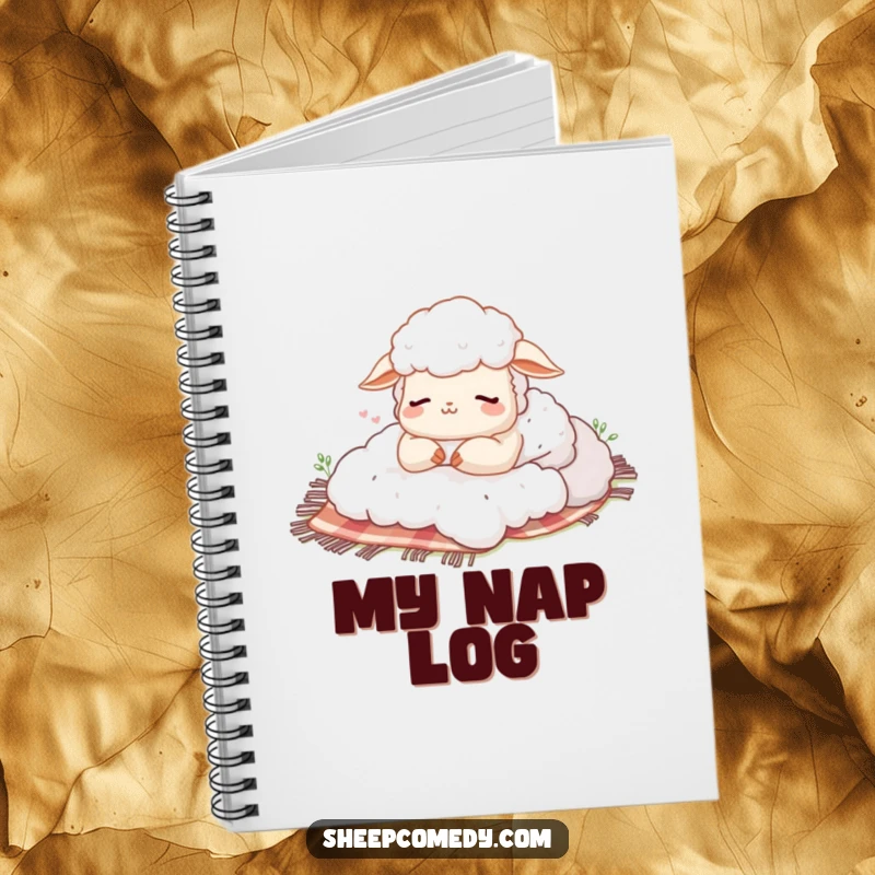Funny notebook featuring a sheep character napping with a happy sigh on a picnic blanket, perfect for journaling with a peaceful theme.