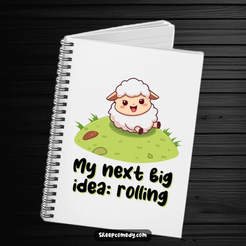 Funny sheep notebook featuring a fluffy character joyfully rolling down a grassy hill, perfect for jotting down humorous ideas.