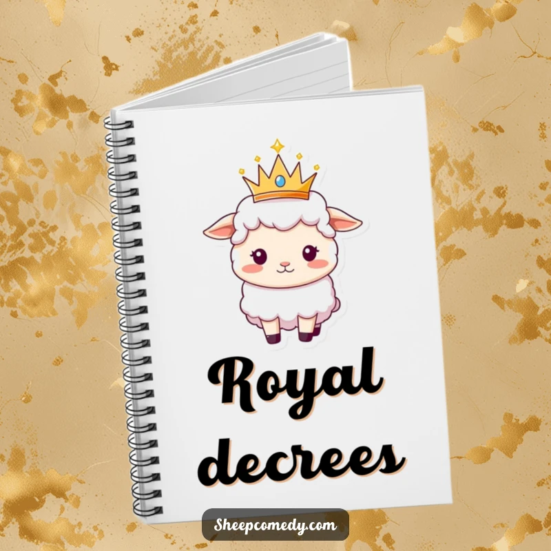 Funny Sheep notebook with a sheep balancing a small, sparkly crown, ready to capture royal plans.