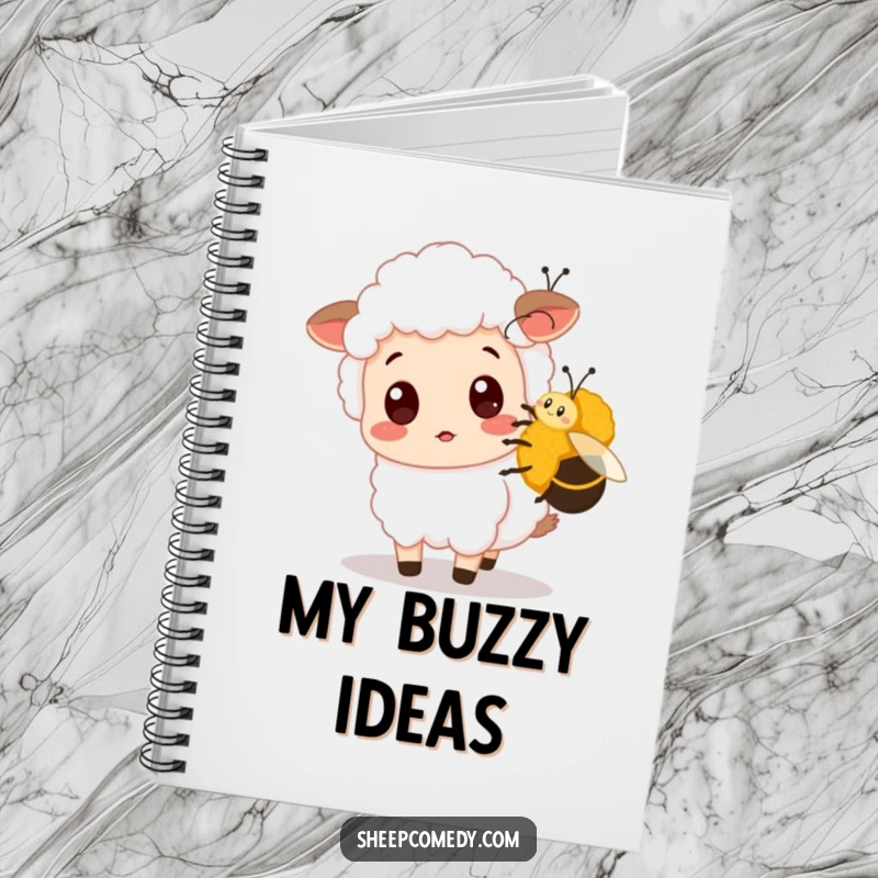 Funny Sheep Notebook features a surprised sheep being nudged by a bumblebee, ideal for jotting down notes, ideas, or funny observations.