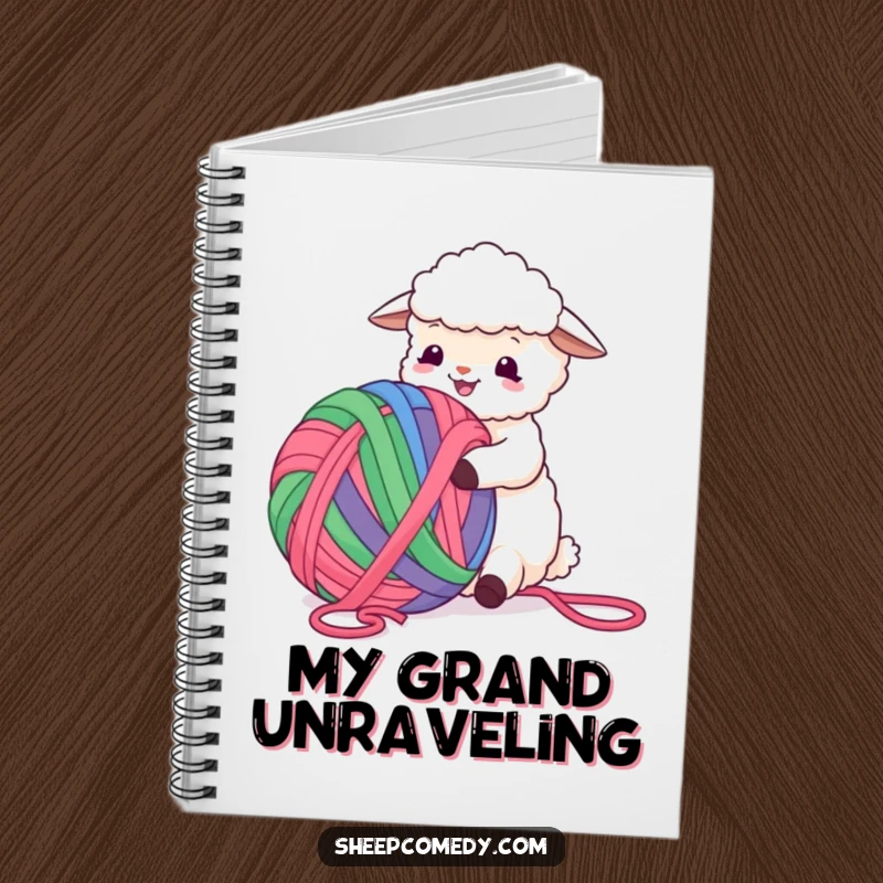 Funny Sheep Notebook showing a sheep happily surrounded by a huge, colorful ball of yarn, perfect for creative minds.