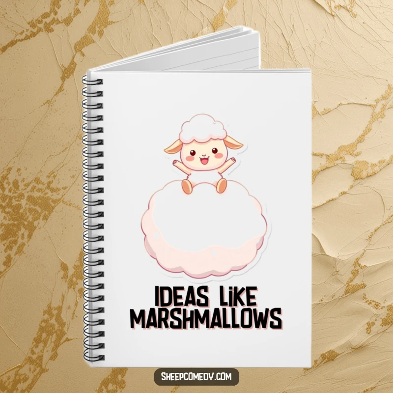 Funny sheep notebook: a happy sheep character bounces on a big marshmallow, ready to capture your funny thoughts and dreams.