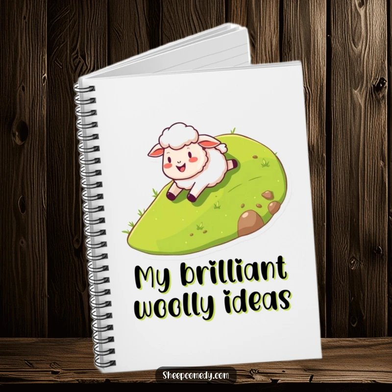 Funny sheep notebook with a happy sheep character joyfully sliding down a stylized grassy hill, inspiring creative and funny ideas.