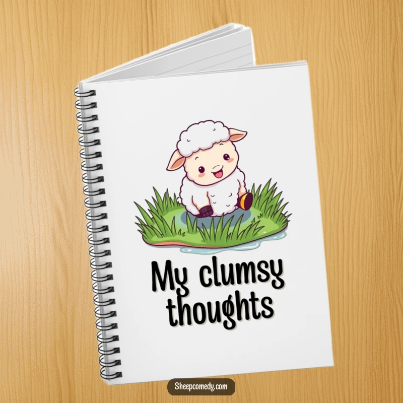Funny Sheep Notebook showing a sheep comically slipping on wet grass, perfect for note-taking with a humorous outlook.