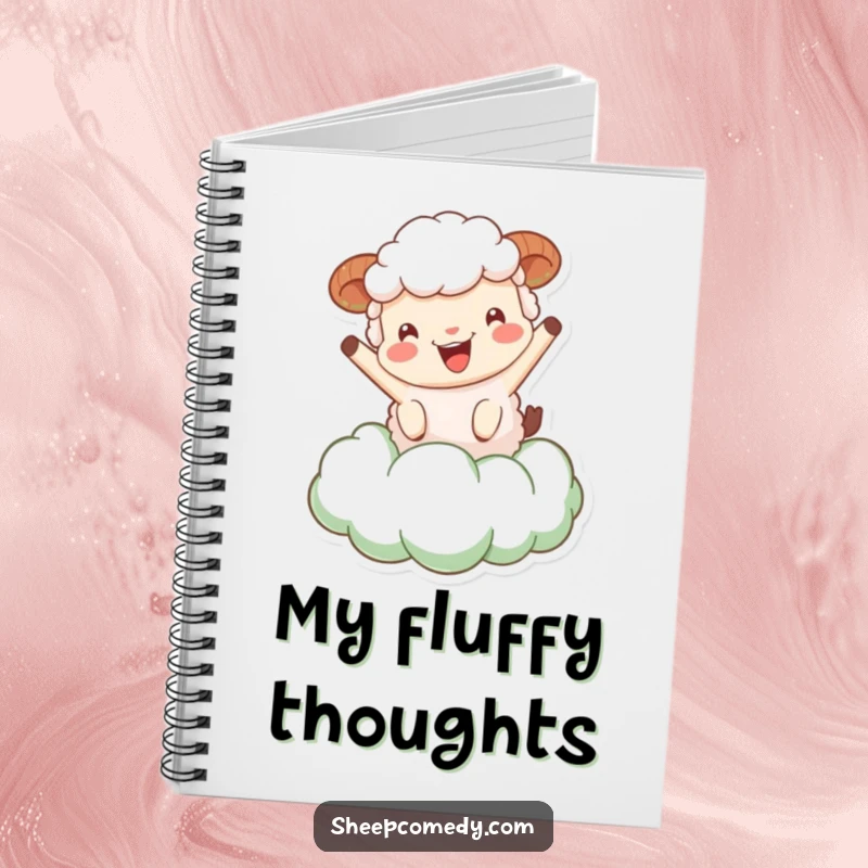 Funny Sheep Notebook: Sheep character bouncing on a fluffy green cloud, ideal for journaling whimsical ideas with humor.