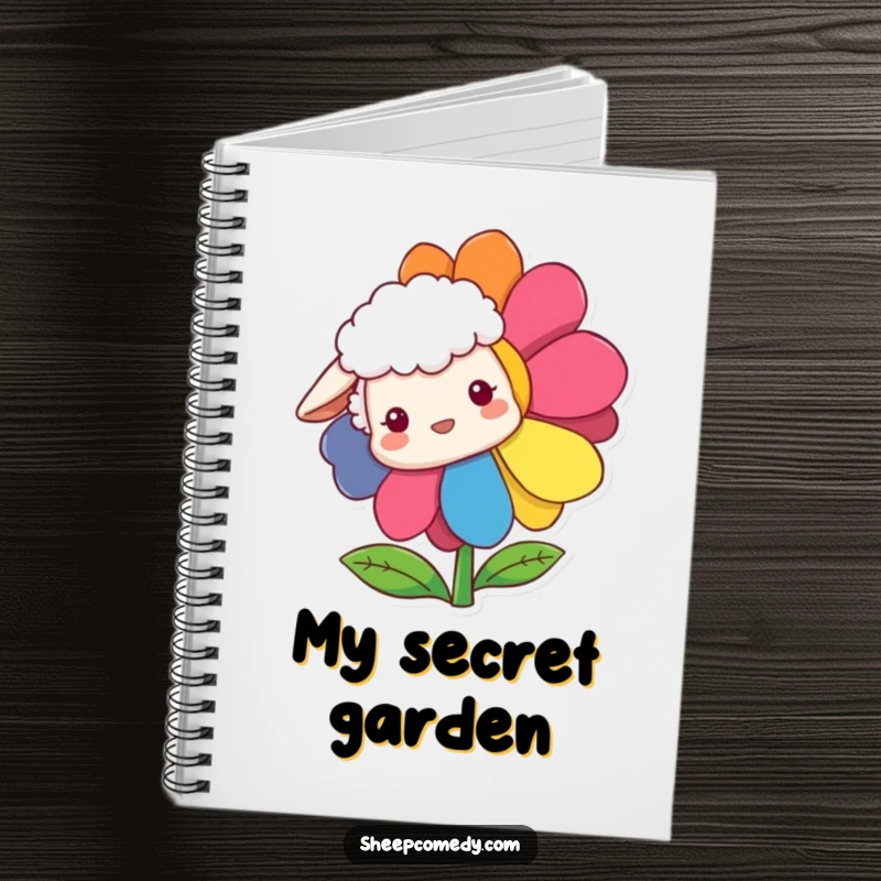 Funny Sheep Notebook showing a sheep curiously peeking from behind a rainbow flower, perfect for note-taking with a smile.
