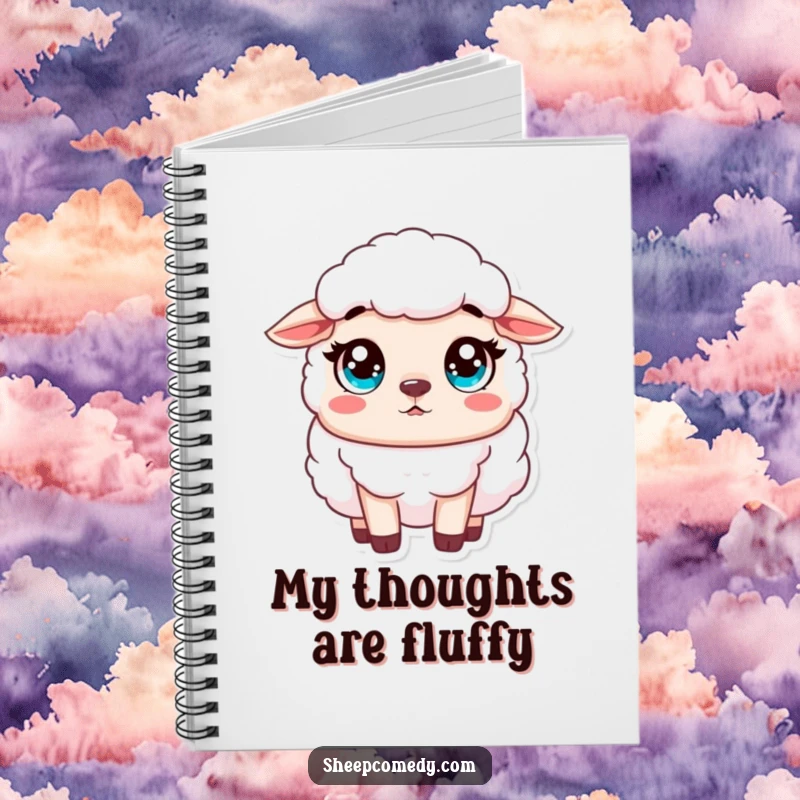 Funny Sheep Notebook cover featuring an innocent sheep character looking surprised with wide, innocent eyes, inspiring gentle notes.