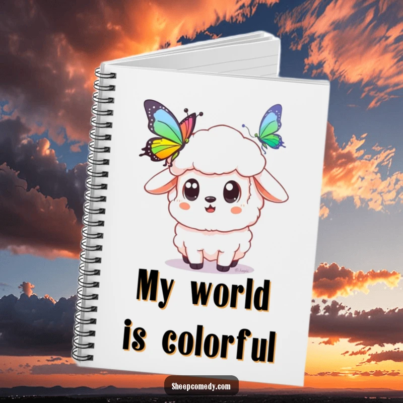 Funny sheep notebook featuring a sheep with surprised eyes gazing at a rainbow butterfly, perfect for jotting down magical thoughts.