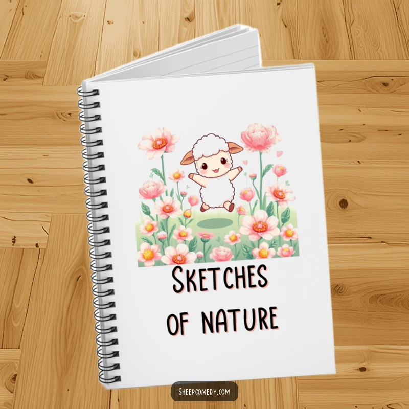 Funny sheep notebook: a happy sheep character skips through big, shimmering flowers, ready to capture your inspired thoughts.