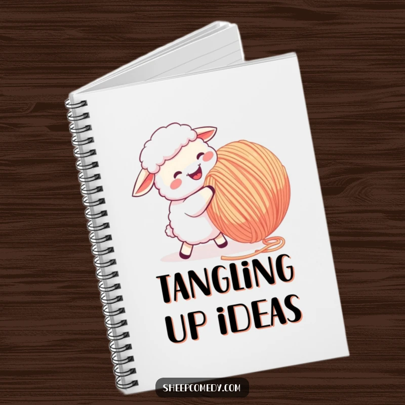 Funny Sheep Notebook: A sheep joyfully butting a large ball of yarn, ideal for jotting down creative plans.