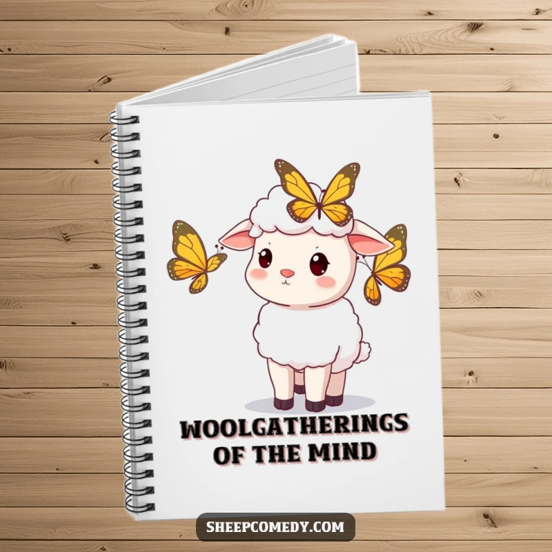 Funny sheep notebook, sheep curiously observing a butterfly, perfect for journaling and creative writing, a funny gift.