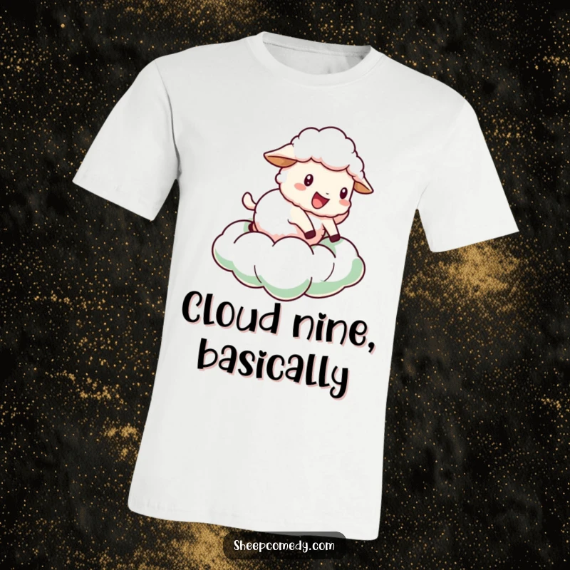 Funny Sheep T-Shirt: Features a sheep character joyfully bouncing on a fluffy green cloud, a whimsical and fun design.