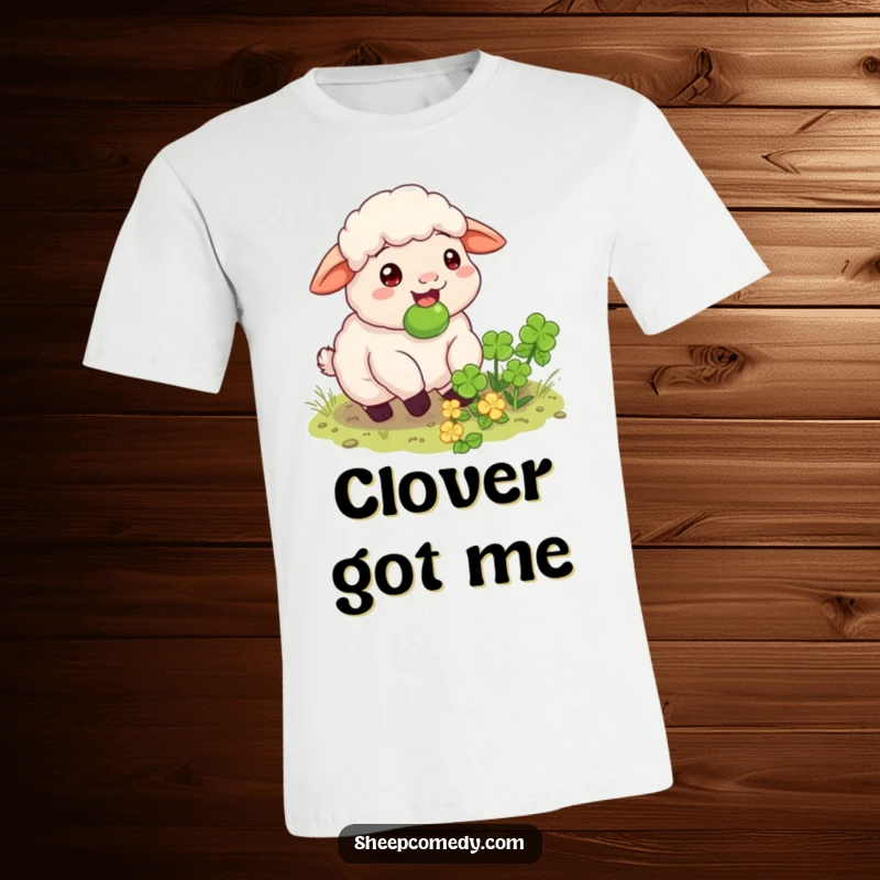 Funny sheep t-shirt depicting a happy sheep munching on a hidden clover patch, symbolizing contentment and joy.