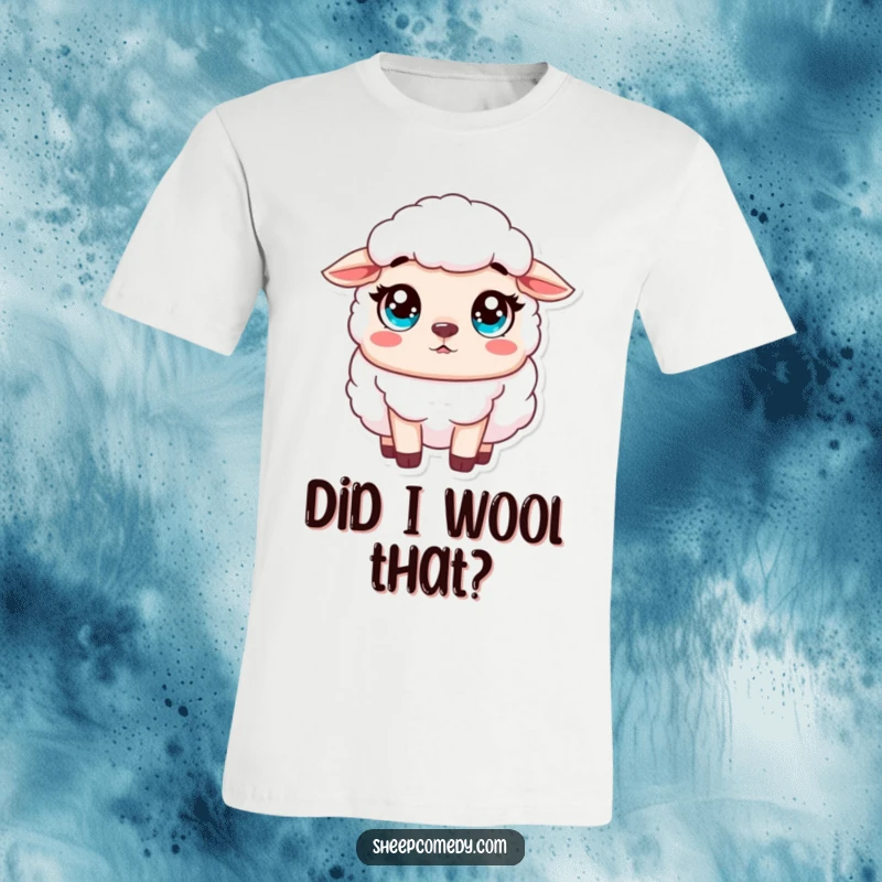 Funny Sheep T-Shirt of an innocent sheep character looking surprised, eyes wide and full of gentle wonder.