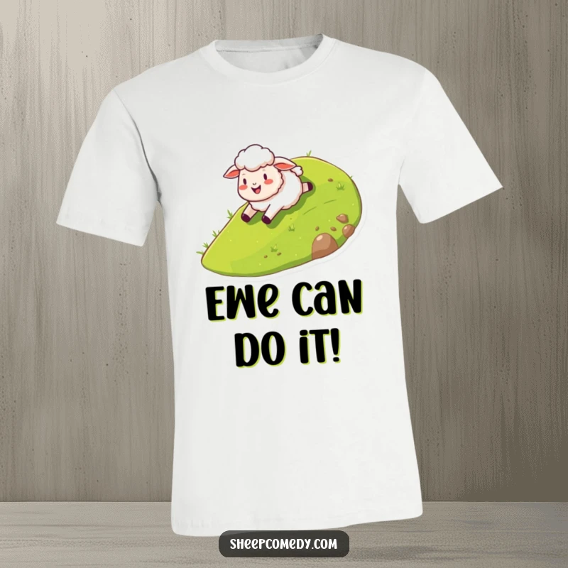 Funny sheep t-shirt featuring a gleeful sheep character enthusiastically sliding down a stylized grassy hill with pure exhilaration.