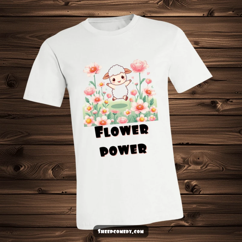 Funny sheep t-shirt: a happy sheep joyfully skips amidst oversized, shimmering flowers, embodying a sense of wonder and freedom.