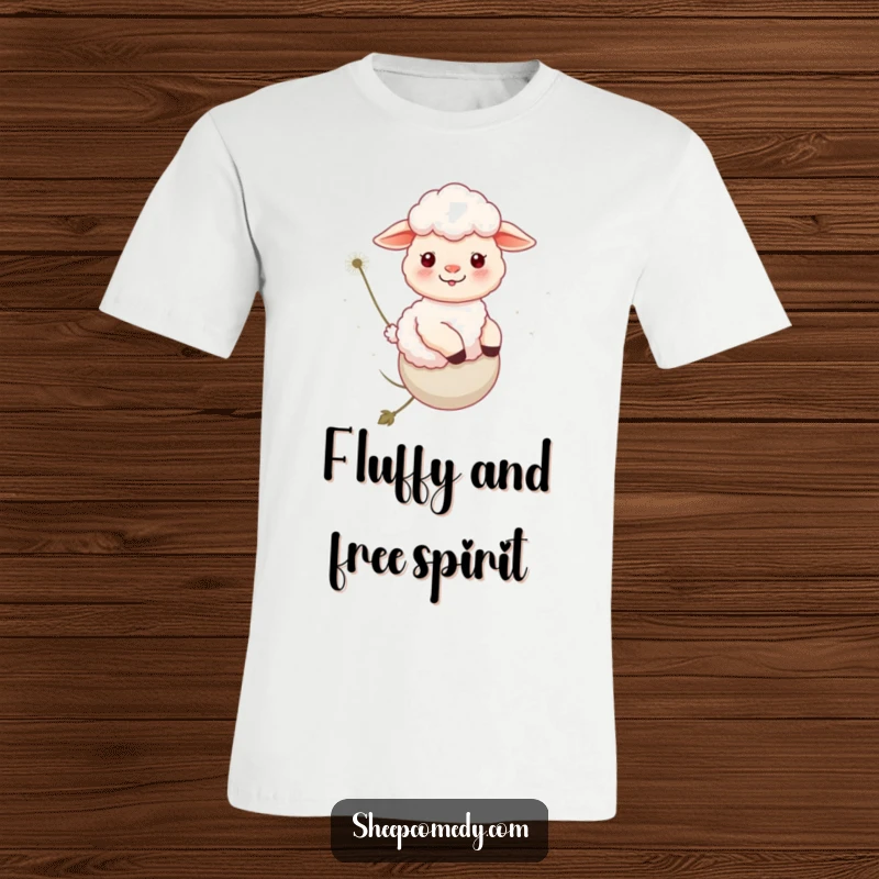 Funny Sheep T-Shirt: A cheerful sheep blissfully rides a giant dandelion puff through a dreamy sky.