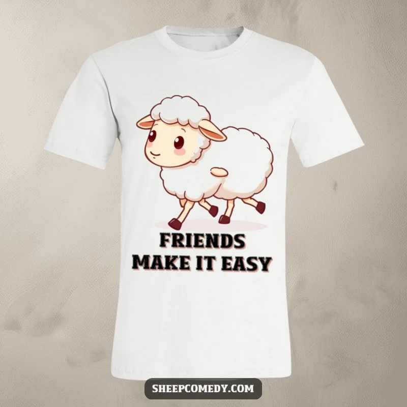 Funny t-shirt featuring a sheep with wobbly legs walking alongside a supportive friend, emphasizing the strength of friendship.