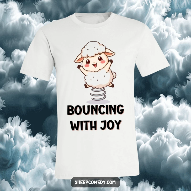 Funny Bouncing Sheep T-Shirt: A fluffy sheep with wool, energetically bouncing on a spring, a humorous apparel item.