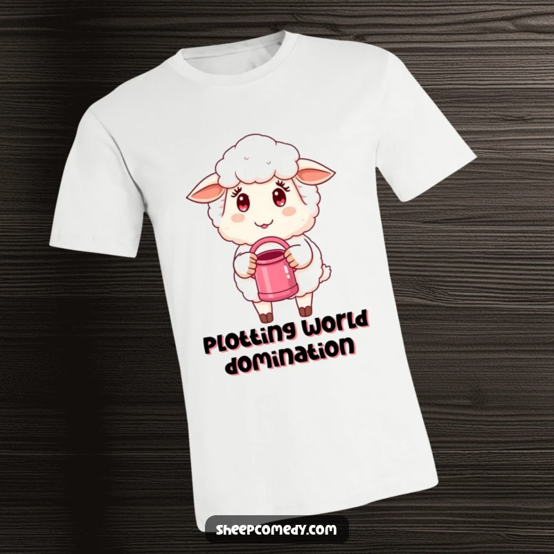 Funny Sheep T-Shirt: A sheep character with a sly smile and twinkling eyes holds a small watering can, ready to prank.