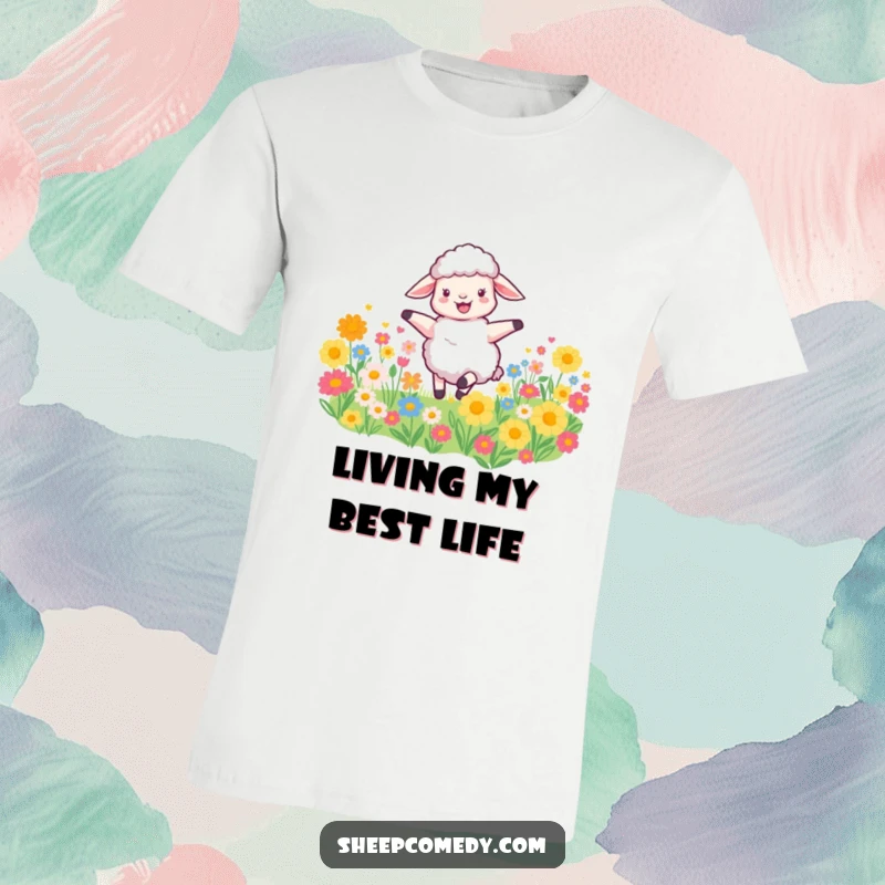 Funny Sheep T-Shirt depicts a joyful sheep spinning in a field of flowers, celebrating happiness and freedom with a humorous design.