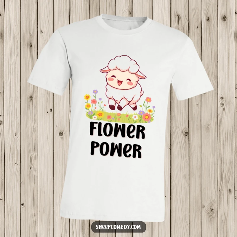 Funny t-shirt with a fluffy sheep in mid-leap, mouth open in a bleat of joy, surrounded by a lush field of diverse flowers.