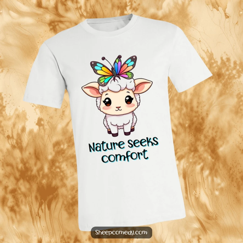 Funny sheep t-shirt with a character attempting to balance a colorful butterfly on its head, highlighting delicate, humorous focus.