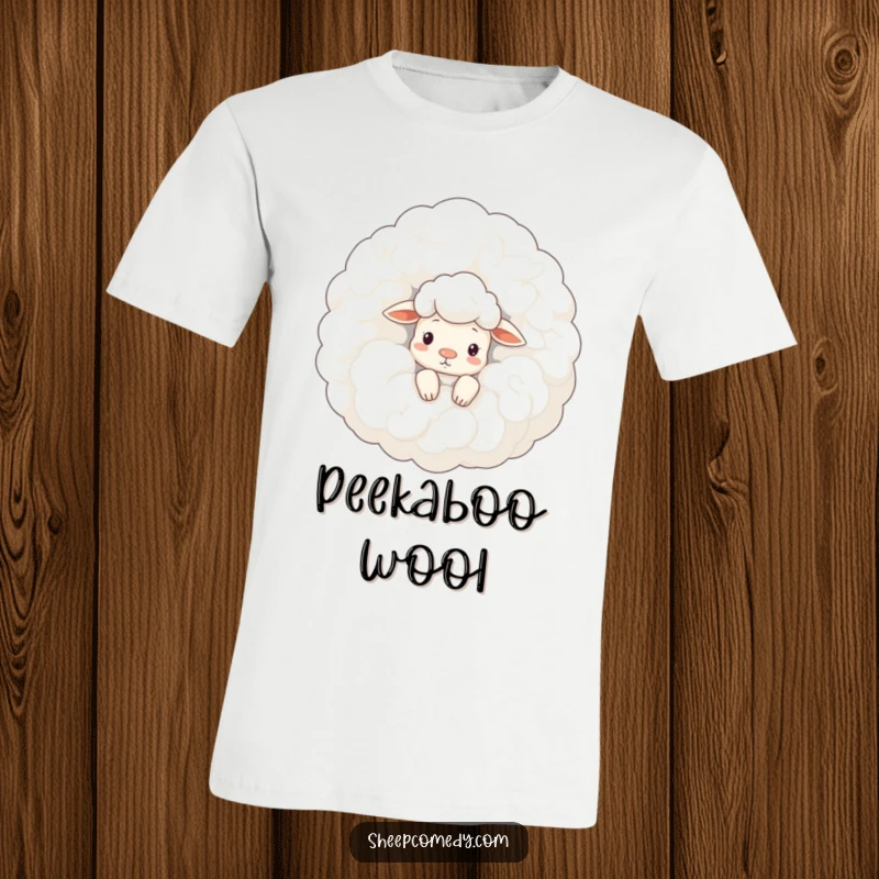 Funny sheep t-shirt: a curious sheep character peeks out from behind a giant, fluffy woolly cloud, revealing wonder and intrigue.