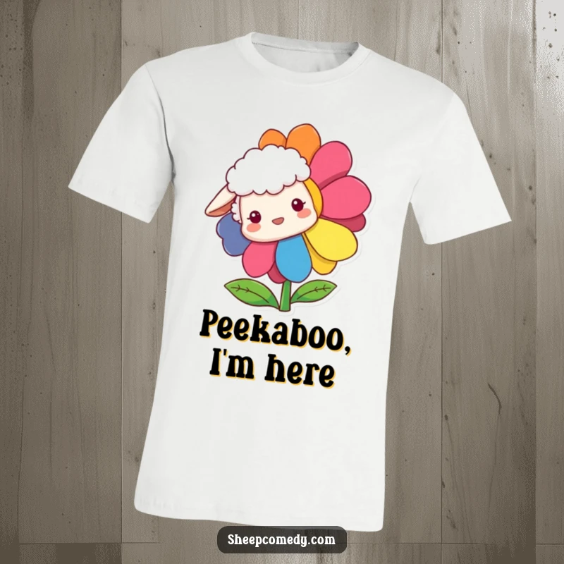 Funny Sheep T-Shirt featuring a sheep curiously peeking out from behind a brightly colored rainbow flower, full of charm.
