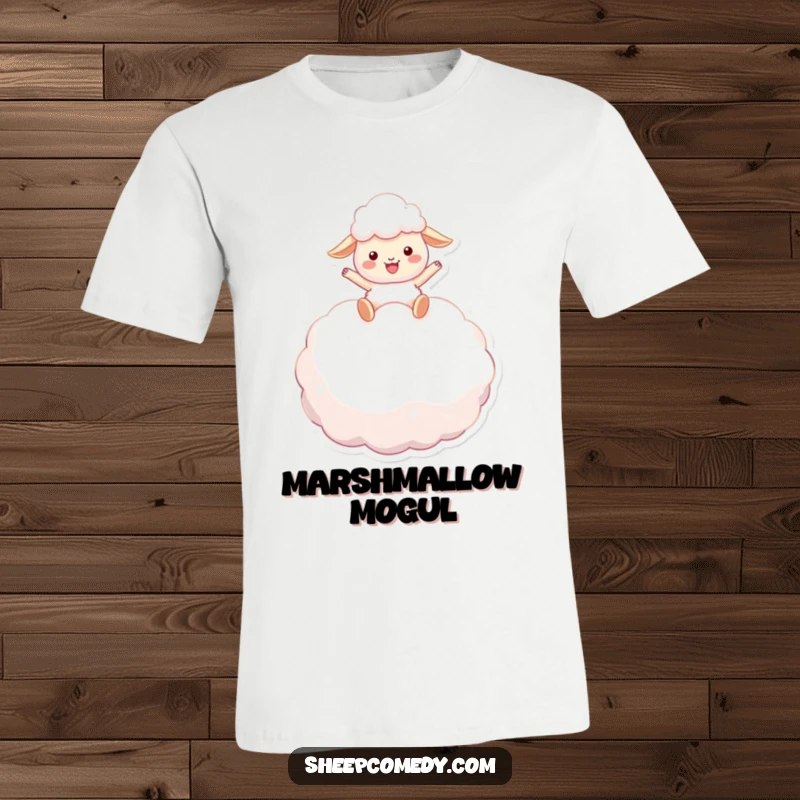 Funny sheep t-shirt: a cheerful sheep character joyfully bouncing on a giant, fluffy marshmallow, expressing ultimate bliss and comfort.