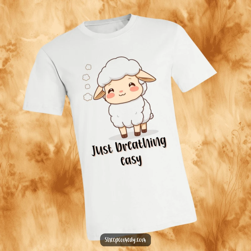 Funny sheep character blowing a soft mist cloud with a happy exhale, printed on a breathable t-shirt.