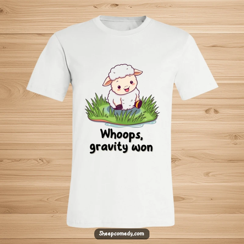 Funny Sheep T-Shirt featuring a sheep comically slipping on wet, shiny grass, capturing a moment of hilarious chaos.