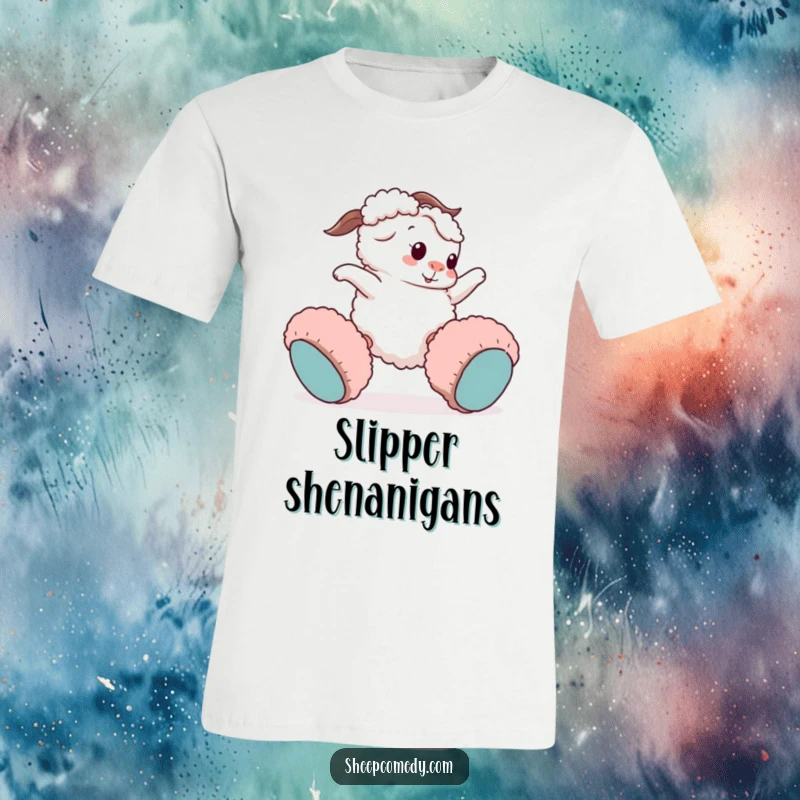 Funny sheep t-shirt: a playful sheep character comically trips and falls while wearing massive, fuzzy slippers, capturing a funny moment.