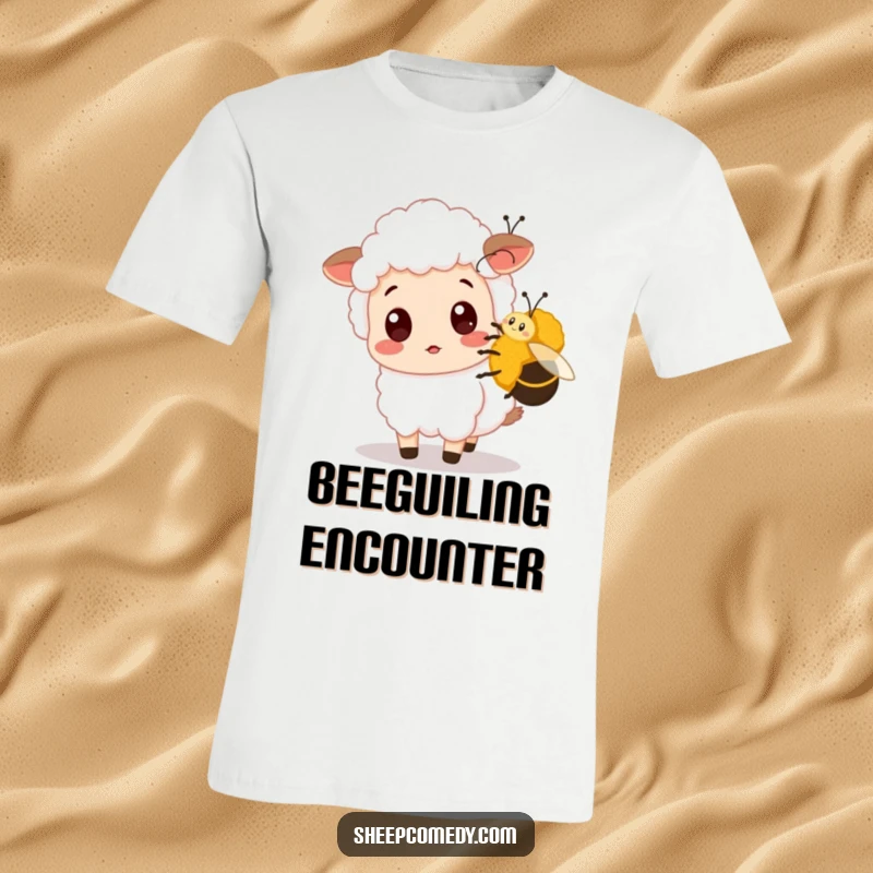 Funny Sheep T-Shirt depicts a sheep with a wide-eyed, surprised expression being nudged by a friendly bumblebee, showcasing humorous animal antics.