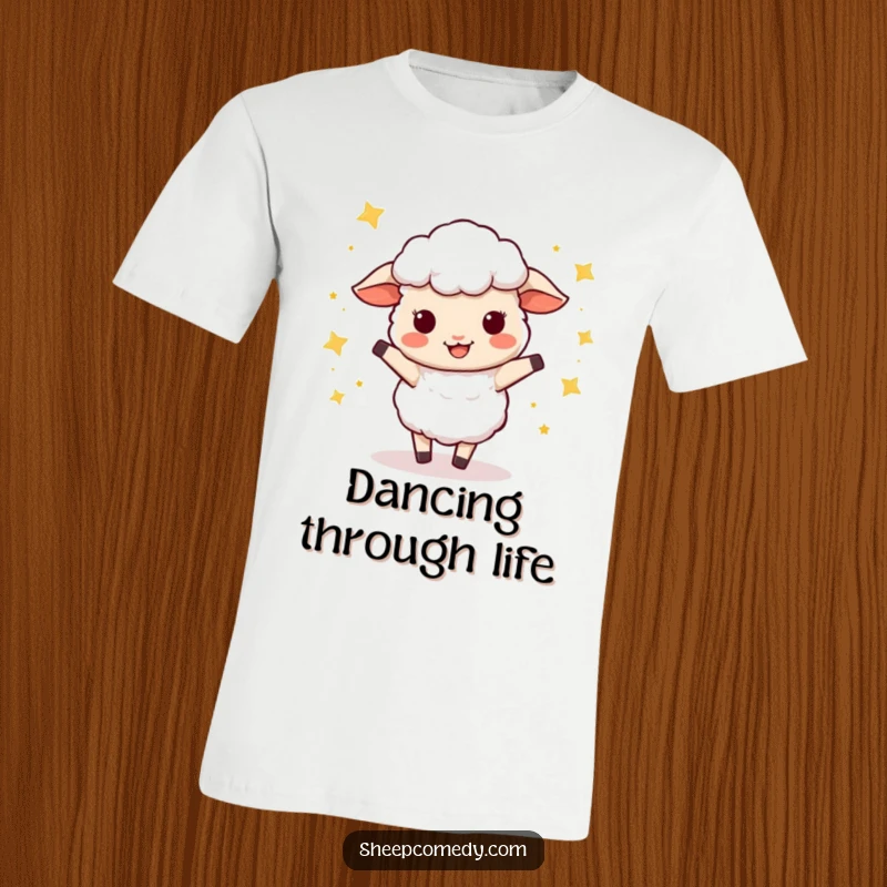 Funny Sheep T-Shirt: A sheep character performs an energetic wiggle dance amidst a shower of small, twinkling stars.