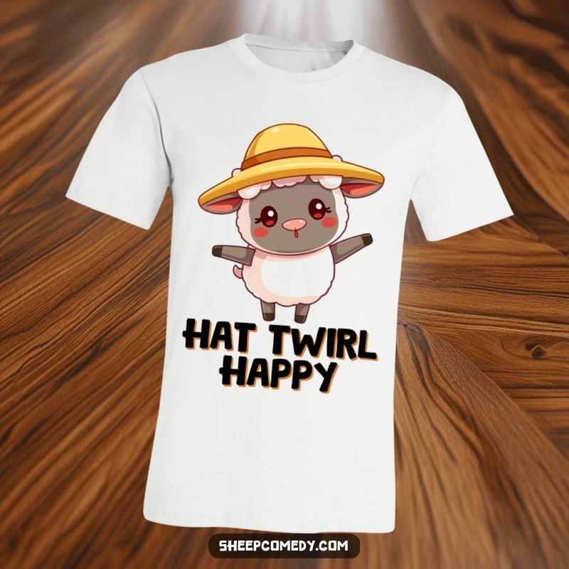 Funny sheep t-shirt showing a goofy sheep in a straw hat, twirling with pure delight, perfect for fun.