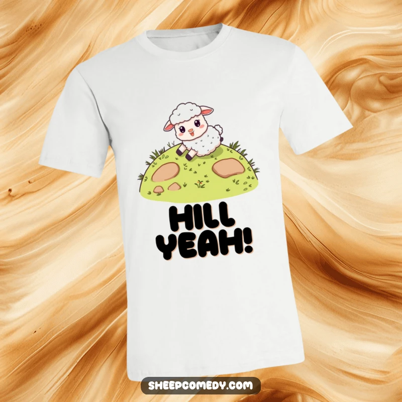 Funny t-shirt with a giddy sheep character sliding down a whimsical, grassy hill, showcasing pure joy and a sense of free-spirited fun.