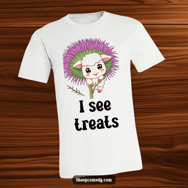 Funny sheep t-shirt with a curious character peeking from behind a blooming thistle, showcasing wide-eyed fascination.
