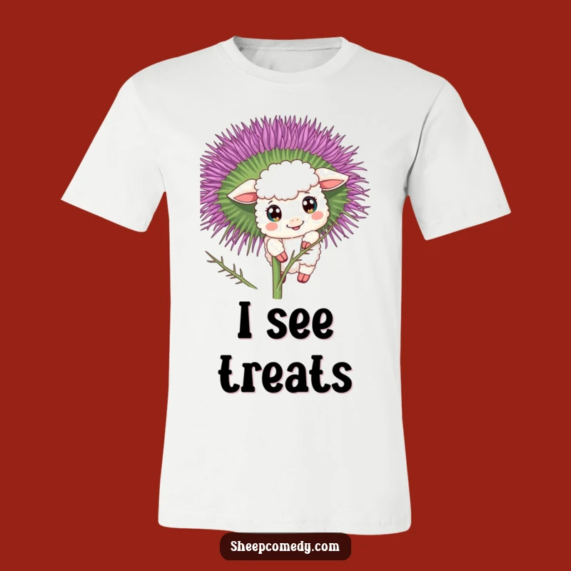 Funny Curious Sheep T-Shirt: Peeking Thistle Design, Adorable & Hilarious