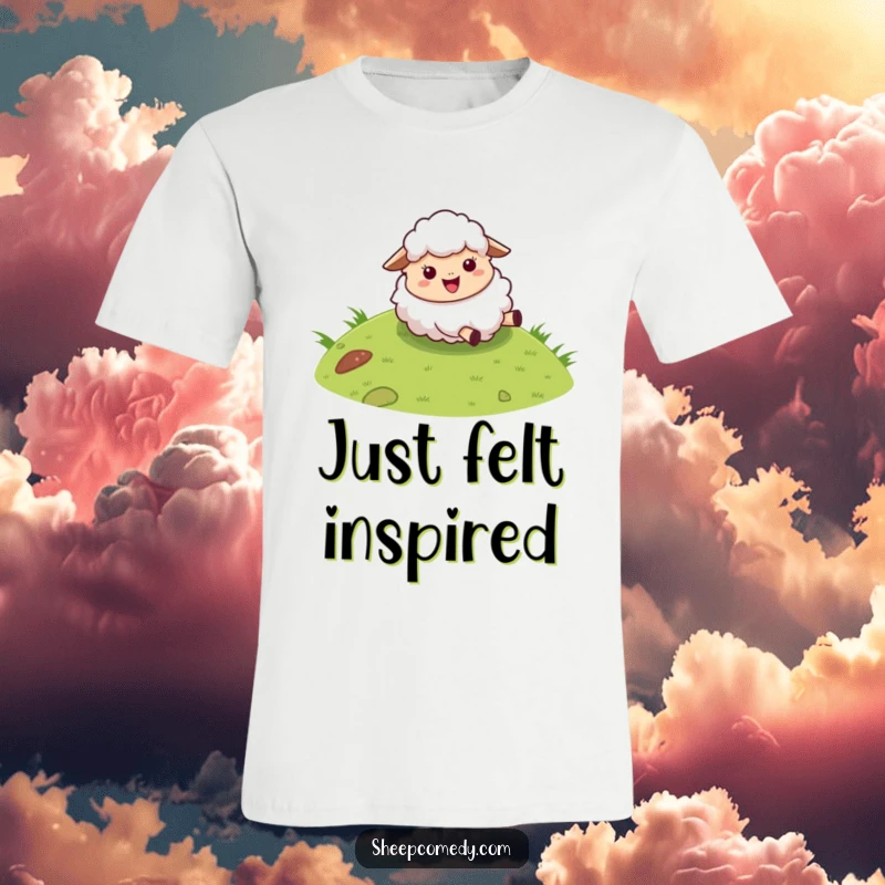 Funny sheep t-shirt featuring a fluffy character joyfully rolling down a grassy hill, a masterpiece of humorous motion.