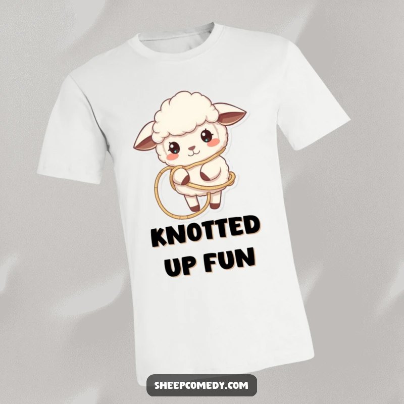 Funny Sheep T-Shirt depicts a sheep playfully tangled in colorful yarn, showcasing a humorous and relatable moment for crafters.