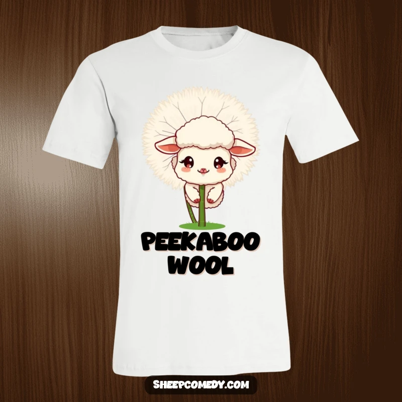 Funny Sheep t-shirt featuring a sheep peeking from behind a fluffy dandelion, a delightful surprise tee.