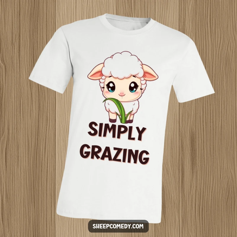 Funny t-shirt with a sheep characterized by wide, innocent eyes, gently nibbling on a particularly appealing blade of fresh green grass.