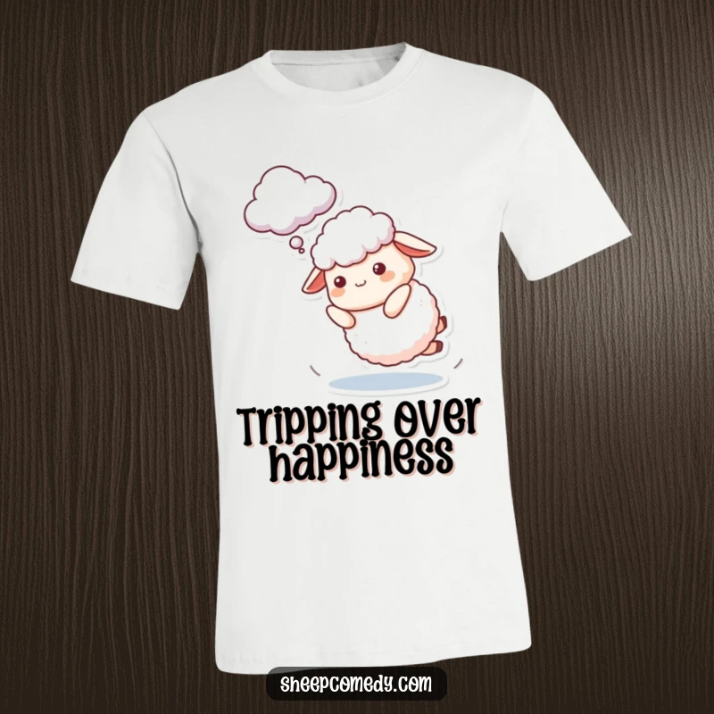 Funny Sheep T-Shirt depicting a character playfully tripping while reaching for a cloud, symbolizing the humorous side of chasing dreams.