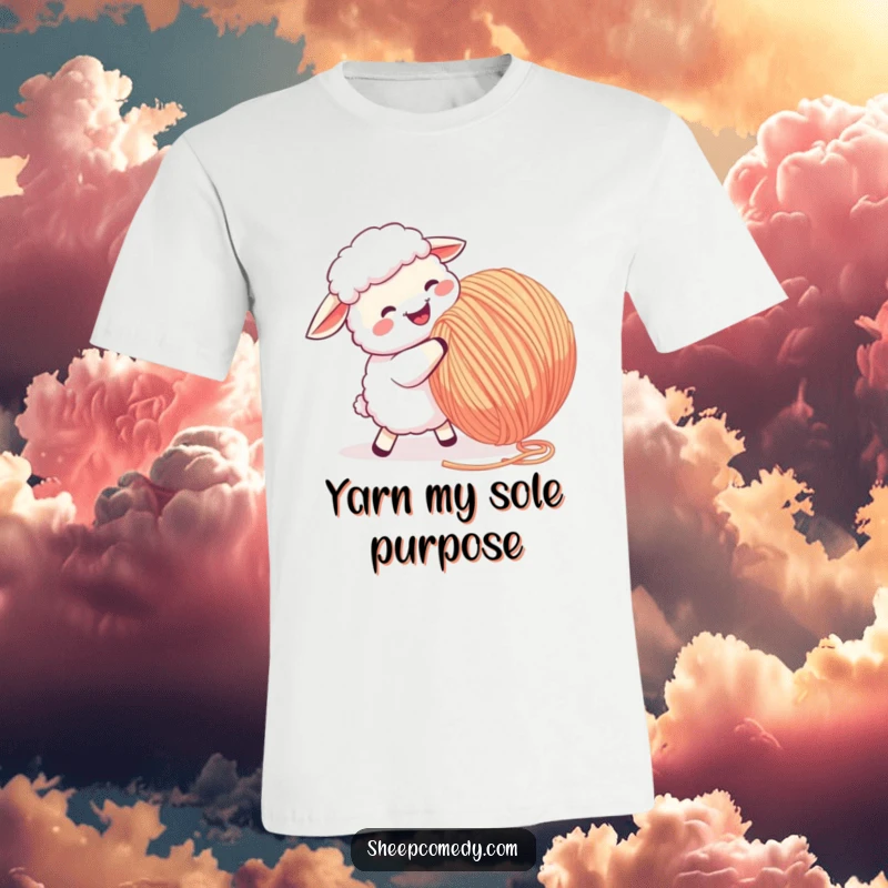 Funny Sheep T-Shirt: A spirited sheep joyfully butts a massive, bouncing ball of yarn, radiating energy and fun.