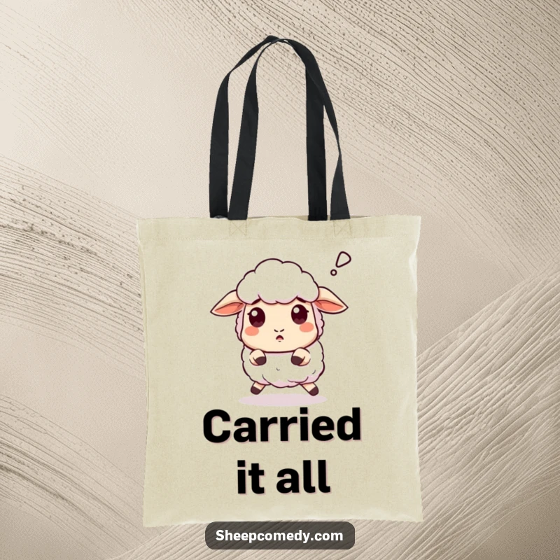 Funny Sheep tote bag depicting a sheep stumbling with a surprised 'baaa', a humorous and practical item.