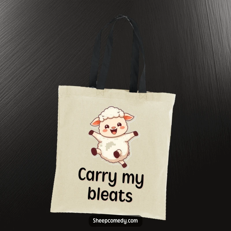 Funny sheep tote bag with a joyful sheep bleating and kicking its legs, a humorous and practical accessory.