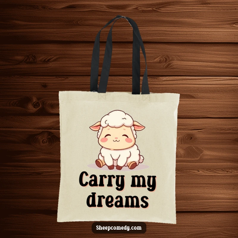 Funny tote bag with a sheep character napping peacefully in the sun and sighing contentedly, ideal for carrying daily items.
