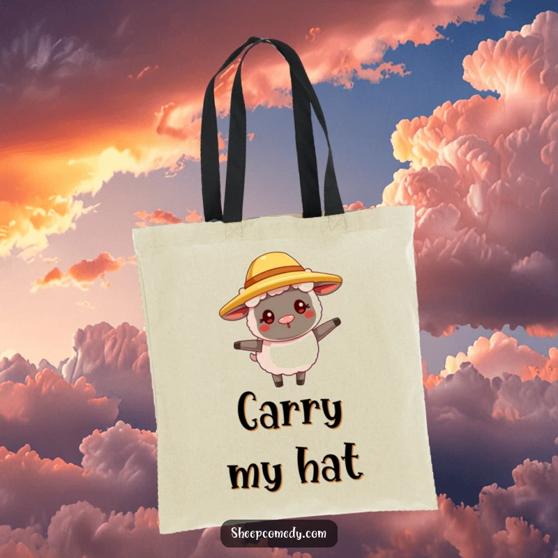 Funny sheep tote bag with a goofy sheep in a straw hat, twirling joyfully, a humorous and practical accessory.